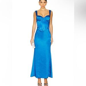 Runaway the Label Oura Maxi Dress Blue Satin Gown bustier corset Revolve XS